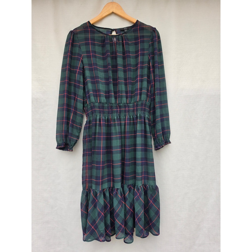 J Crew Plaid Chiffon Dress Womens S Green Navy Black Watch Sheer Overlay Holiday